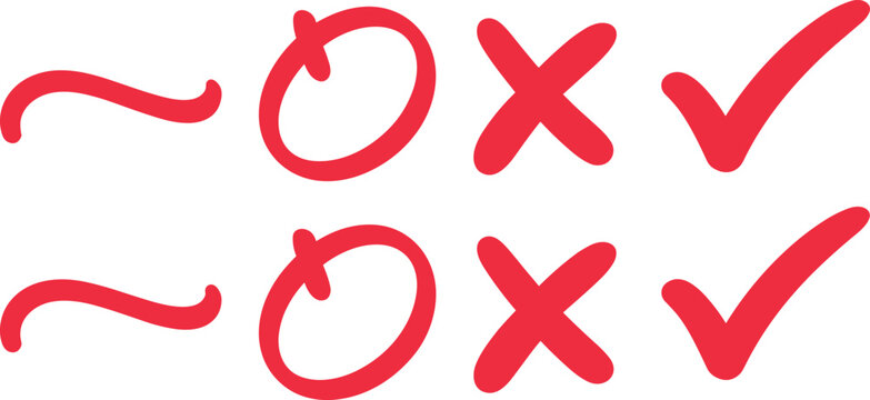 Hand-drawn red check marks, cross marks, circles, and tilde symbols collection for surveys, tests, and task evaluation.