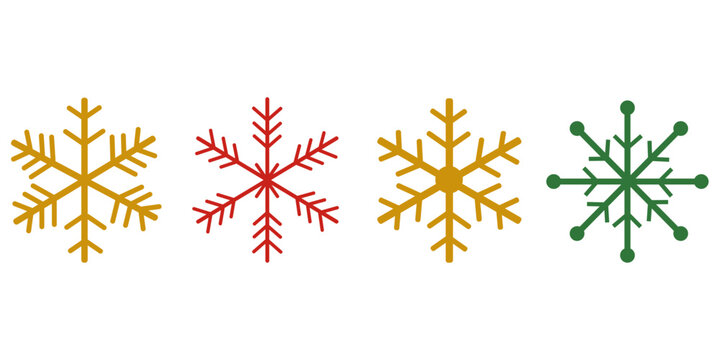 Simple snowflake icons set featuring four colorful winter crystals in gold red yellow and green isolated on white background, perfect for Christmas greeting cards and seasonal retail promotions.