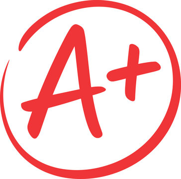 Hand-drawn red A plus grade symbol circled, academic excellence icon for school tests and educational evaluation results.