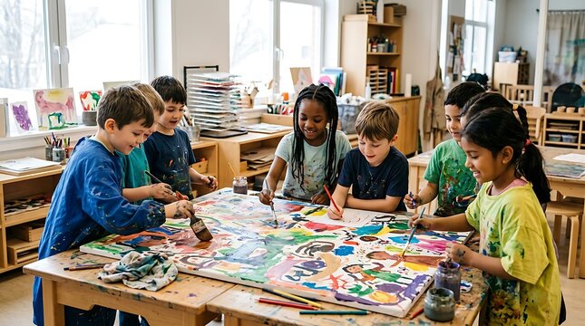 Happy children collaborating on a large painting in a classroom