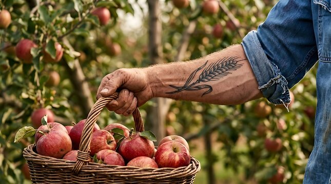 Farmer holding a basket of fresh red apples in an orchard