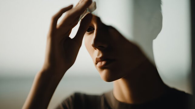 A soft silhouette behind cracked glass captures the essence of emotional breakdown and mental stress. Cinematic, low-light atmosphere evokes vulnerability and introspection.