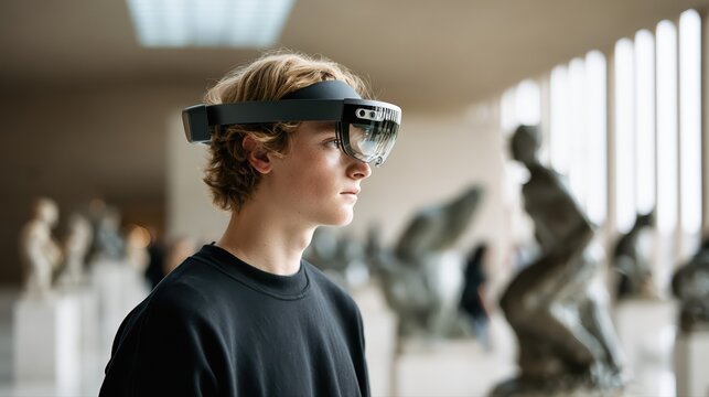 A teenager explores a museum wearing an augmented reality headset. The blend of immersive technology with classic sculptures highlights innovation in art education.