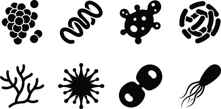 Microorganism and Microbiology Black Silhouette Icons Set with Bacteria Virus and Cell Symbols