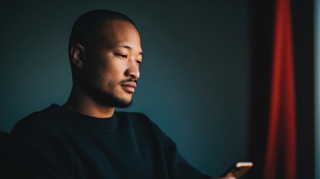 A tense user gazes at a smartphone in a dim, cinematic setting. Soft blue and red light highlights their anxiety and emotional stress, creating a suspenseful digital mood.