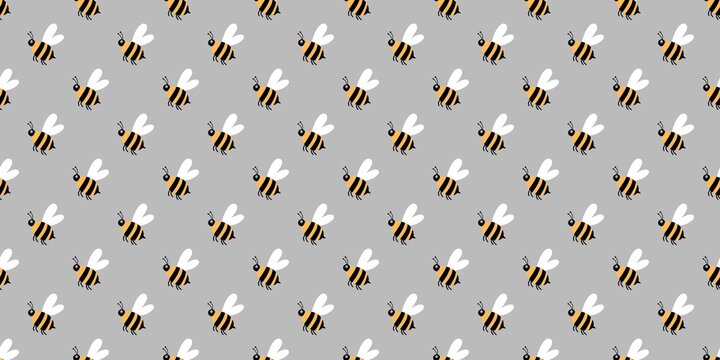 Seamless honey bee pattern. Cute cartoon bees flying on a grey background. Perfect for kids' fabrics, wallpaper, and wrapping paper.