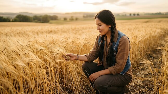 Young woman crouching in a golden wheat field touching grain at sunset