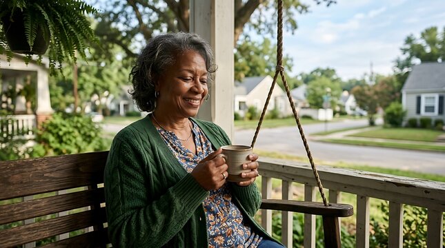 Smiling senior woman relaxing on a porch swing with a warm mug