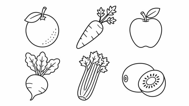 Fresh Fruits and Vegetables Line Art Icons Set, Healthy Food Graphics
