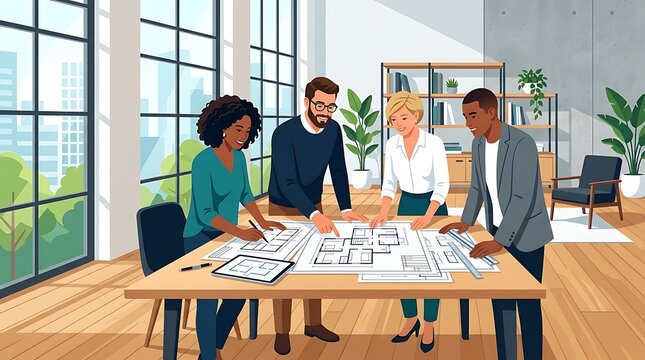 Diverse team of architects reviewing floor plans in a bright office