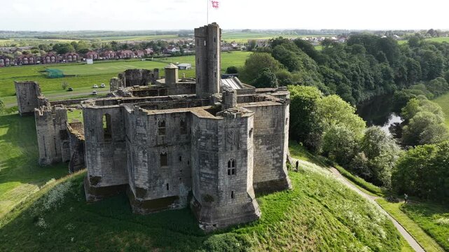 Aerial view of Warkworth Castle, United Kingdom