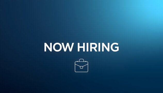 Now hiring text and briefcase icon on a blue background
