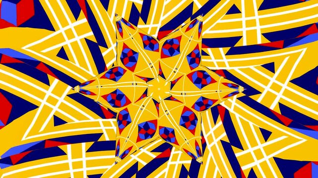 Seamless loopable 2D animation of rotating yellow, blue and red geometric patterns transforming into hypnotic kaleidoscopic shapes and star motifs.