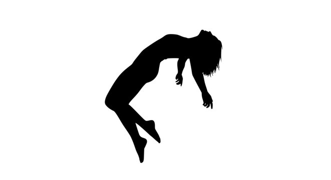 Silhouette of woman falling or dancing, isolated on white