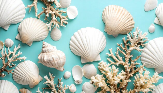 Conchas marinas blancas, corales y piedras decorativas sobre fondo turquesa en composici&oacute;n veraniega costera