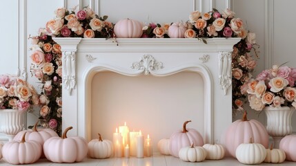 Obraz premium Elegant autumn fireplace decor with pastel pumpkins and soft floral arrangements