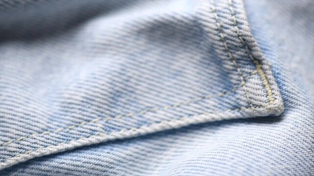 Blue denim cotton jeans fabric texture, jean background, textile backdrop, top view. wallpaper, blue jean fabric close up. Stitch. Rotating, slow motion 