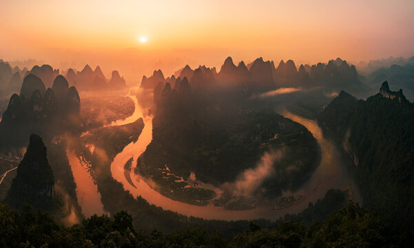 Sunrise over winding Li River and karst peaks, Guilin Guangxi China