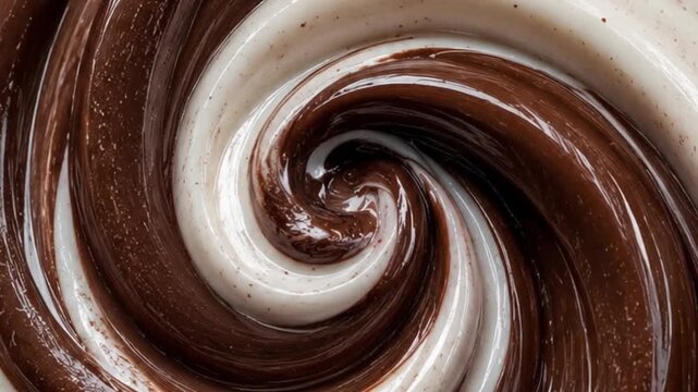 Luxury Chocolate and Vanilla Cream Swirl Background with Glossy Smooth Spiral Texture, Premium Dessert Abstract and Liquid Food Surface
