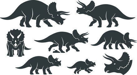 Triceratops Dinosaur Silhouette Collection Featuring Prehistoric Herbivorous Reptiles with Horned Frill and Jurassic Era Poses Black Vector Illustration Set © MdNazmul
