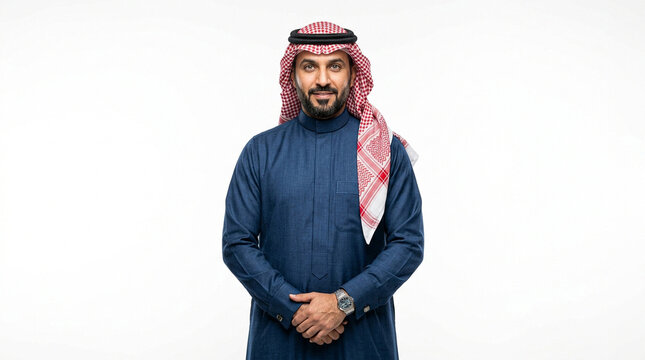 Professional Arab business expert wearing red shemagh and dark navy thobe representing authoritative leadership in Middle Eastern corporate networks