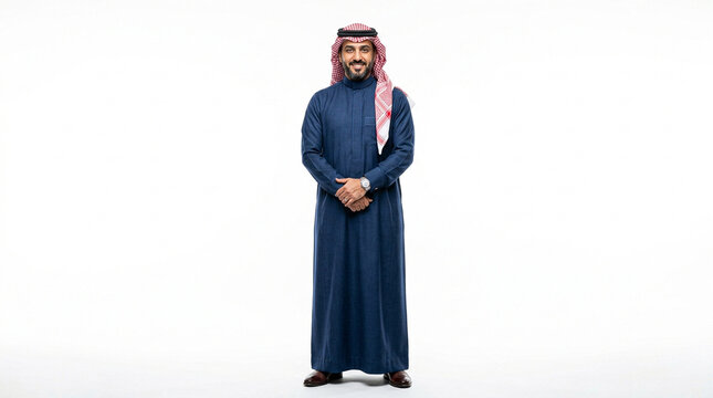 Smiling Saudi executive in formal navy blue winter thobe tailored for commercial marketing, banking, and luxury consumer campaigns in the GCC