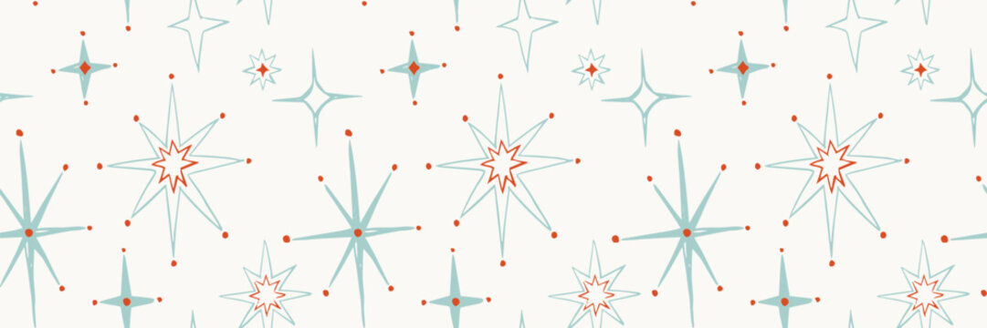 Seamless retro star burst pattern with mid century modern atomic stars in pastel teal and coral. Ideal for fabric, wallpaper, gift wrap, stationery, and festive decor