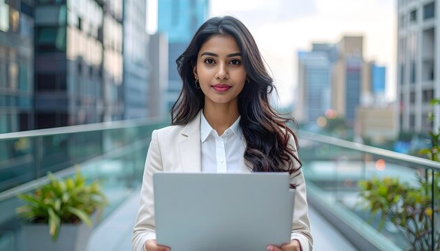 Mujer profesional con port&aacute;til en una terraza urbana moderna con edificios de oficinas al fondo
