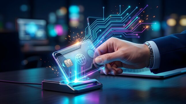 Hand holding a futuristic credit card with glowing digital circuits, depicting secure online transactions and advanced financial technology.