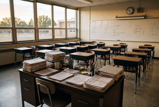 An empty classroom remains filled with stacks of papers and teaching materials on the teacher's desk, revealing the unseen workload that continues after students leave