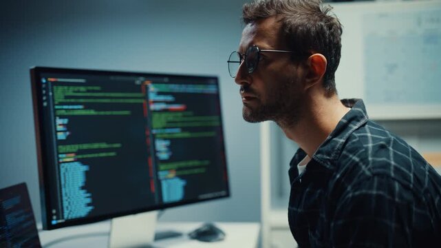 Young Caucasian male programmer write code on computer in home office at late night. AI technology, cybersecurity, software developer, freelance innovation, database system, digital network concept.