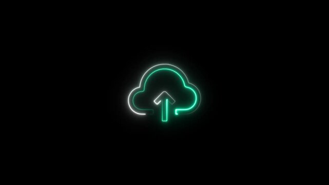 Neon cloud upload animation, digital data transfer concept, glowing tech symbol on black background