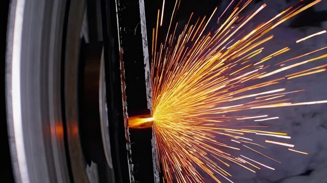 Sparks fly as metal is cut by a rotating blade, showcasing the dynamic action of metalworking in a workshop environment with visible tools and equipment