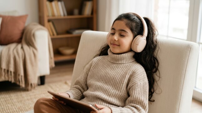 Young girl with headphones enjoying music or audiobook on a tablet at home