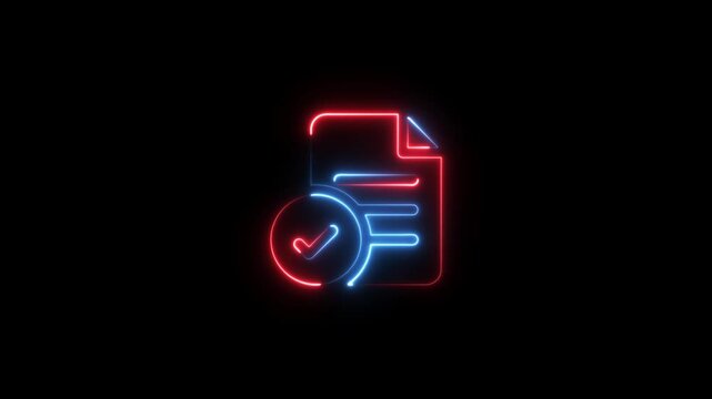 Neon document approval animation, digital task completion symbol on black background, file checkmark