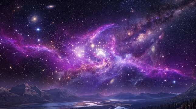 Vast purple nebula and distant galaxies illuminating a serene mountain landscape