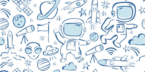 Hand drawn astronaut and space seamless pattern with cute cartoon rocket doodle vector. © Jerin