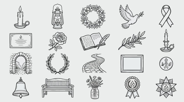 A collection of line art icons representing symbols of remembrance, peace, and solemnity.
