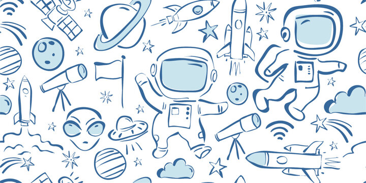 Hand drawn astronaut and space seamless pattern with cute cartoon rocket doodle vector.