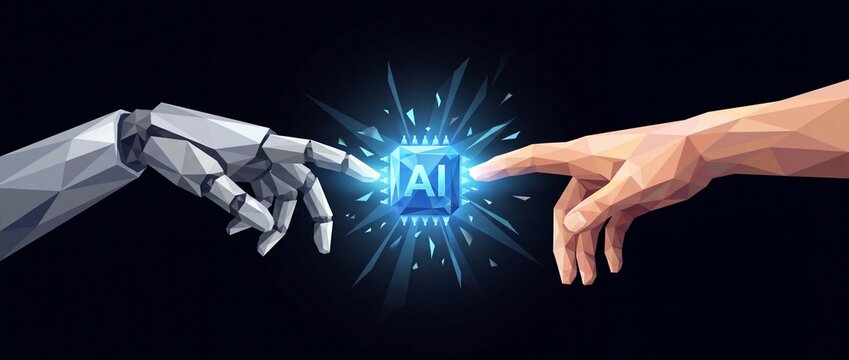 Artificial intelligence concept with robot and human hands touching