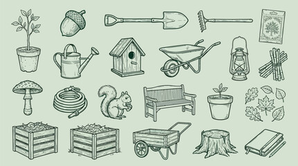 Collection of hand-drawn garden and nature elements, including tools, plants, and animals, presented in a vintage illustration style. © KN collection