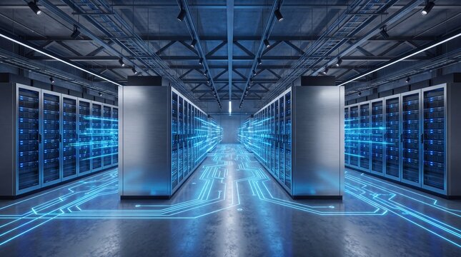 Modern data center server room with glowing digital network connections