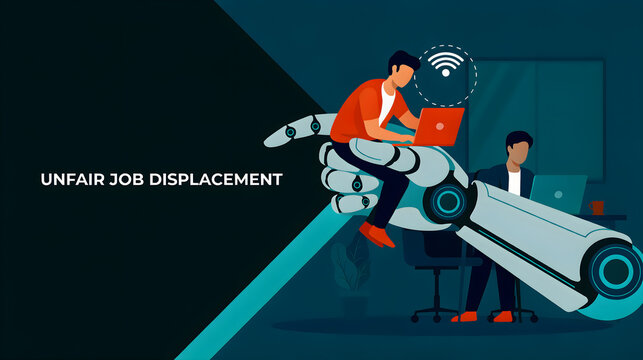Concept illustration of AI and robotics causing unfair job displacement in the modern workplace