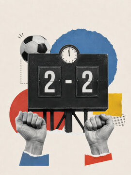 Abstract football match scoreboard collage showing a two two draw tie result with raised celebration fists