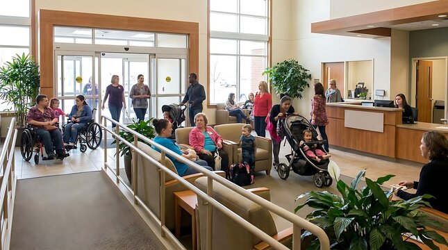 People in a bright modern hospital or clinic waiting area with natural light