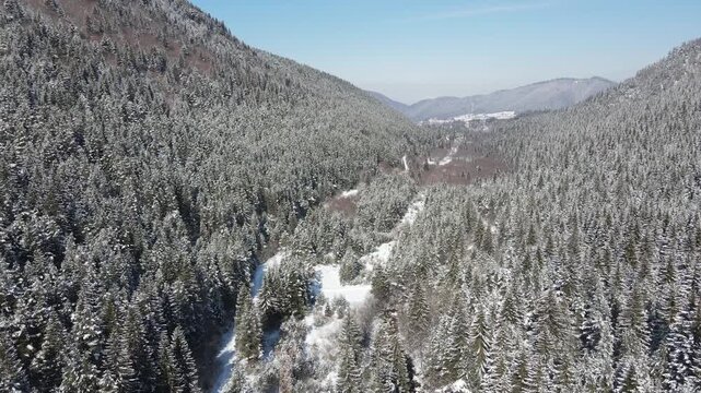 Aerial winter view of Rila Mountain near Beli Iskar village, Sofia Region, Bulgaria