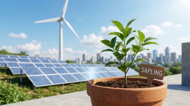 Small green plant in a clay pot with solar panels and a wind turbine in the background under a bright sunny blue sky