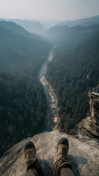 First-person point-of-view shot from the edge of a high rocky cliff showing a traveler's hiking boots overlooking a deep misty valley with a winding river and dense pine forest