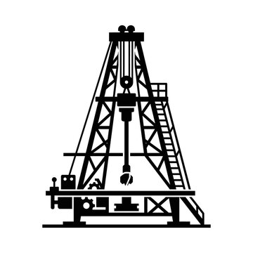 A minimalist black and white vector illustration of a drilling rig unloading equipment