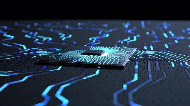 Microchip placed on a textured black surface with glowing blue circuit patterns, showcasing the intricate design and technology in a modern digital environment